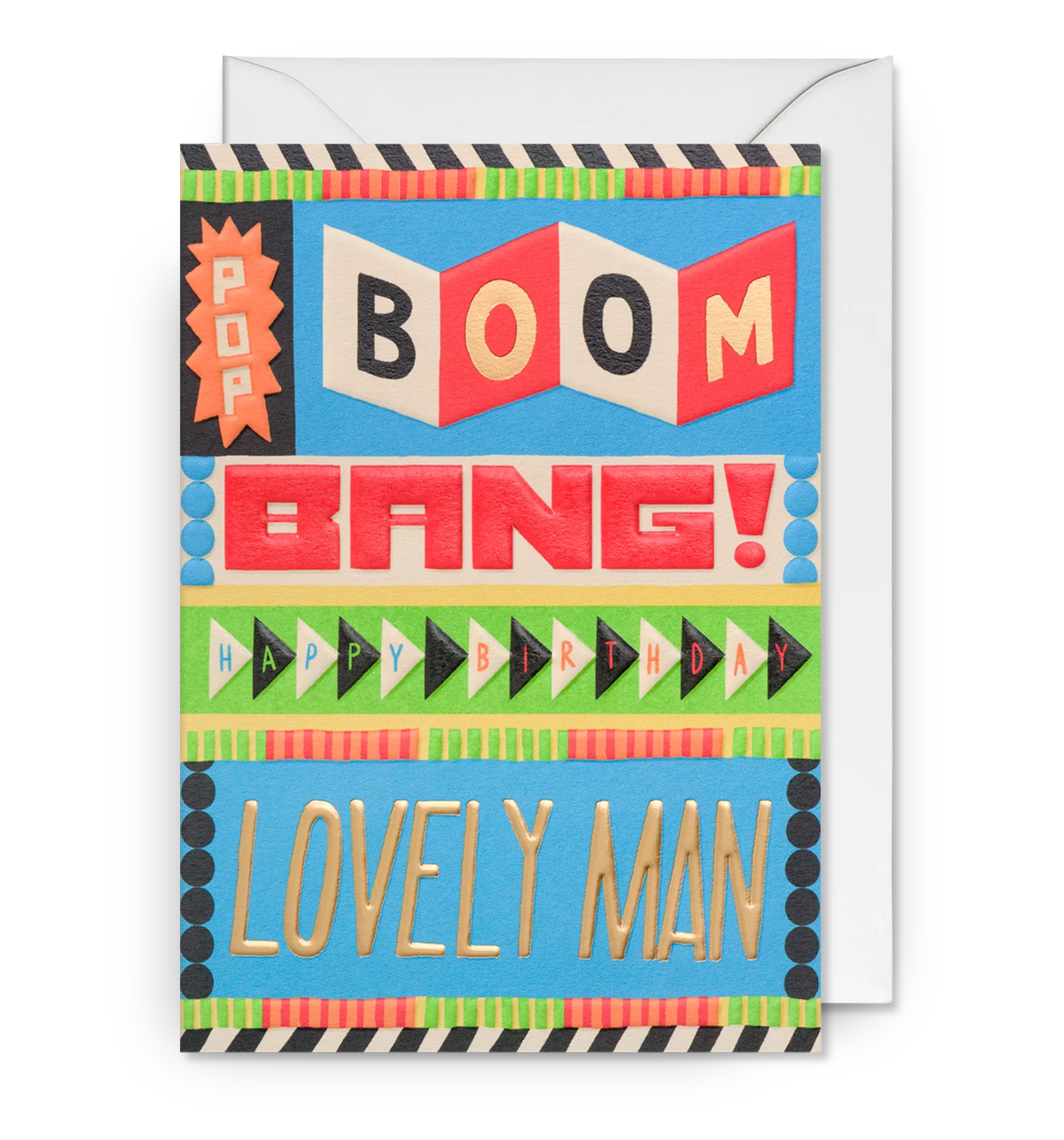 Lagom card with bold, colourful patterned lettering: 'Pop! Boom bang! Lovely man'