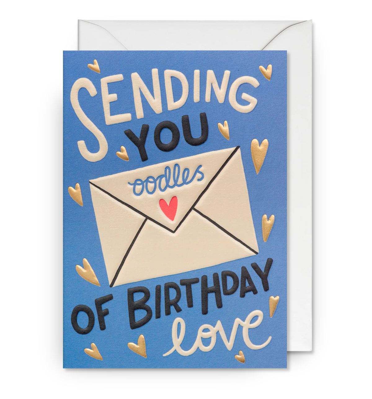 Lagom card: an envelope with a heart, surrounded by 'Sending you oodles of birthday love' on blue