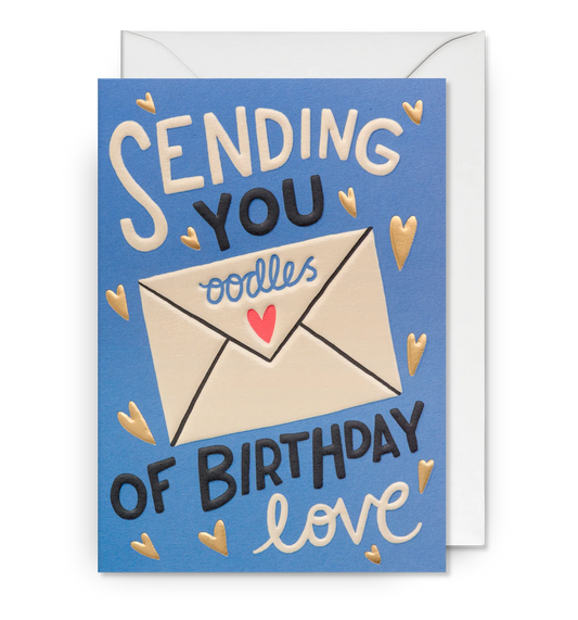 Lagom card: an envelope with a heart, surrounded by 'Sending you oodles of birthday love' on blue