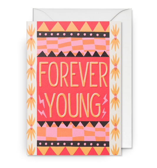 Lagom card with bold patterned lettering on pink and orange: 'Forever young'