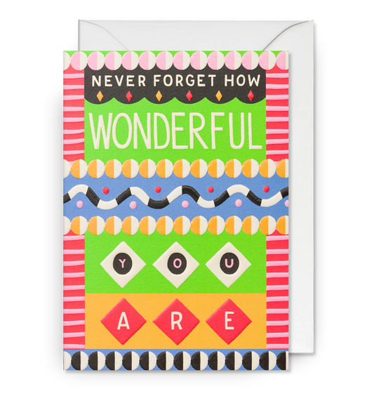 Lagom card in bright patterned bands: 'Never forget how wonderful you are'