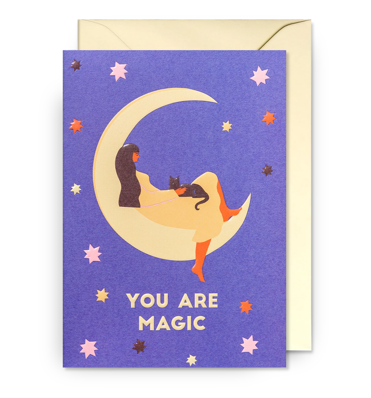 Lagom card: a woman sitting on a crescent moon with a cat, with 'You are magic' on purple