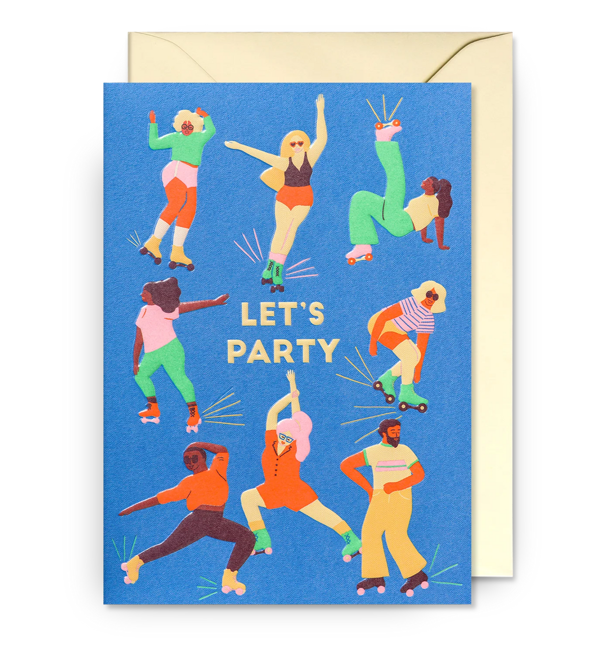 Lagom card: people roller skating and dancing on blue, with 'Let's party'