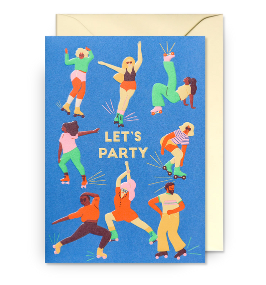 Lagom card: people roller skating and dancing on blue, with 'Let's party'