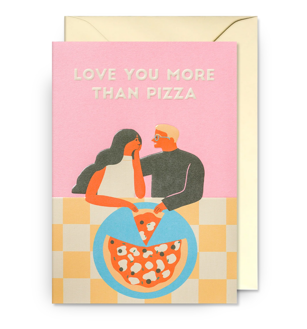 Pink card with a couple sharing a pizza: Love you more than pizza