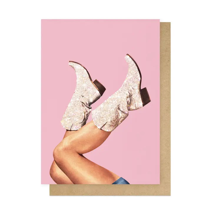 East End Prints card: legs in sparkly silver cowboy boots kicking up against pink