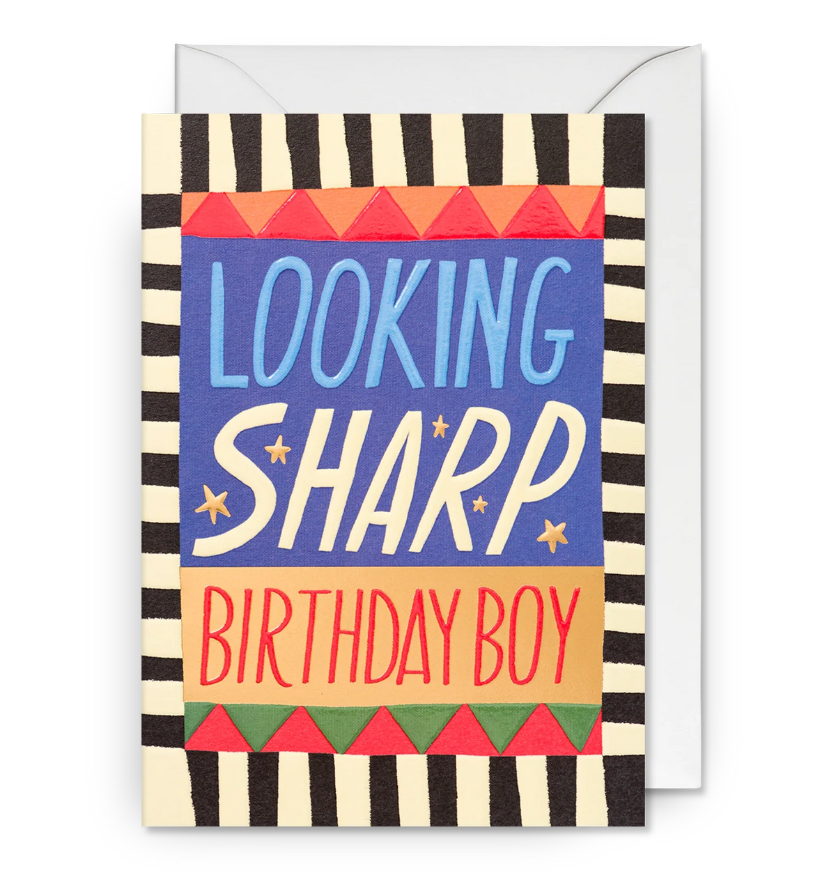 Ruby Taylor card for Lagom: bold hand-lettered 'Looking sharp birthday boy' inside a black and white striped border