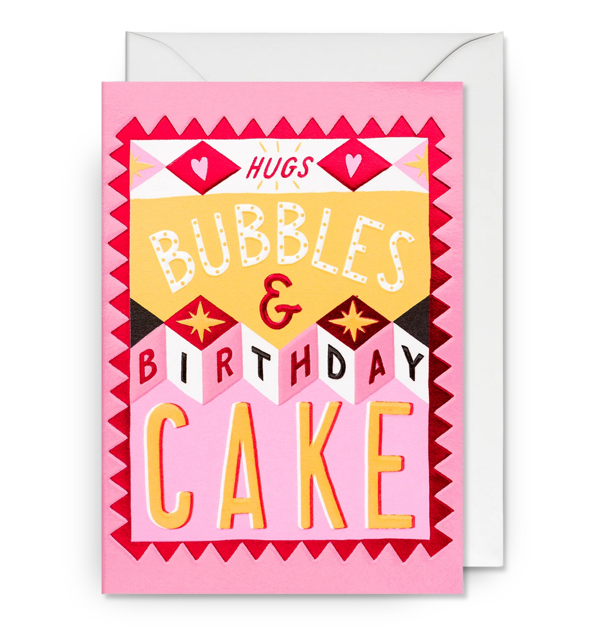 Pink patterned card: Hugs, bubbles & birthday cake