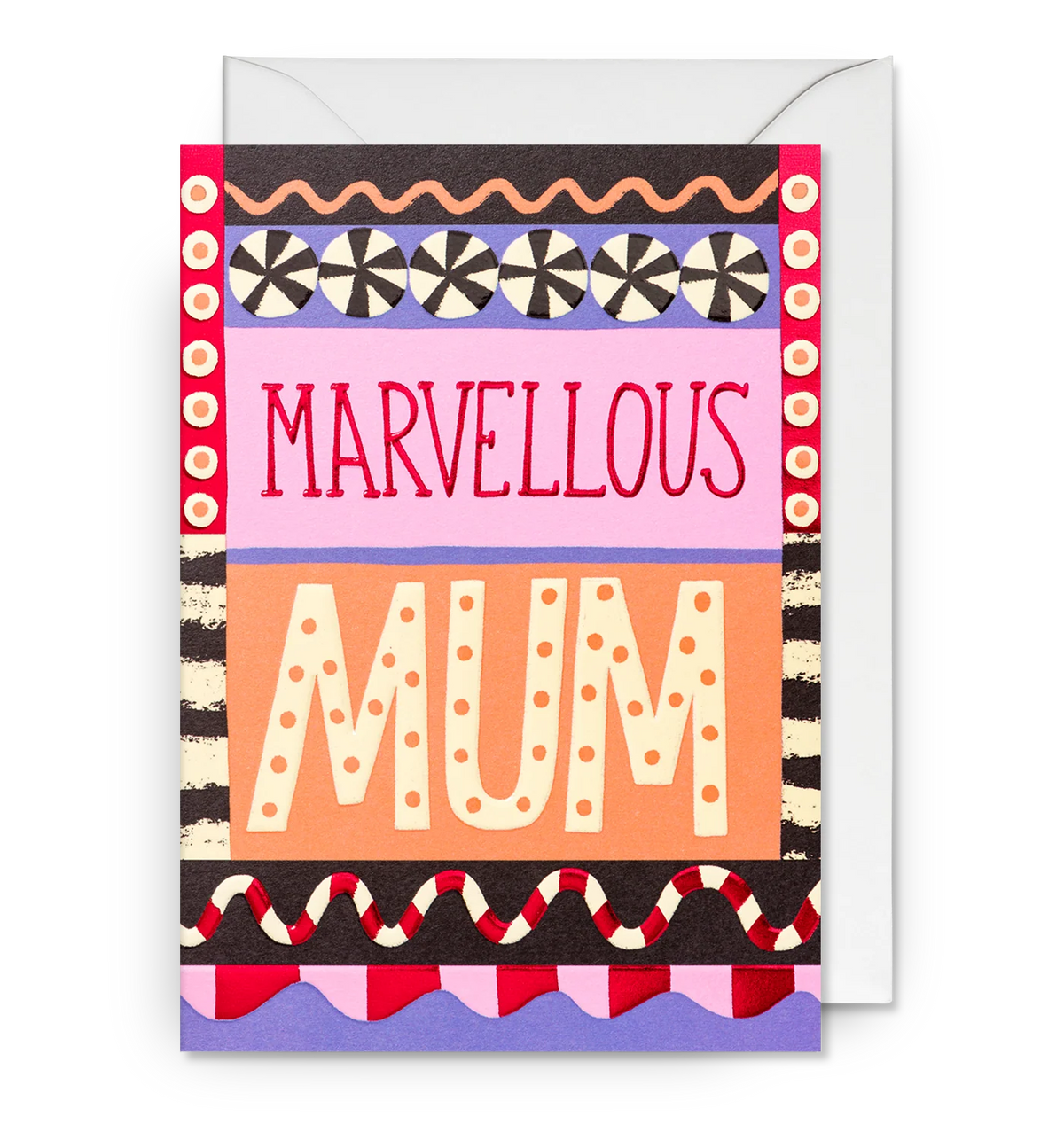 Lagom card with bold patterned lettering: 'Marvellous mum' in pink and orange