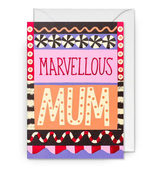Lagom card with bold patterned lettering: 'Marvellous mum' in pink and orange