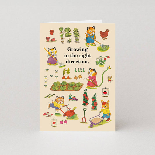 Richard Scarry card with cats gardening among vegetables: Growing in the right direction.