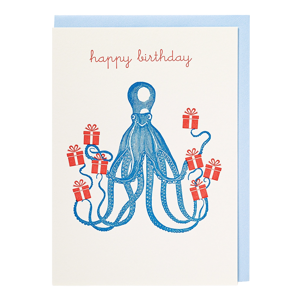 Letterpress card of a blue octopus holding red presents: happy birthday