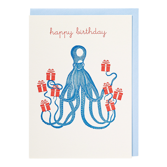 Letterpress card of a blue octopus holding red presents: happy birthday