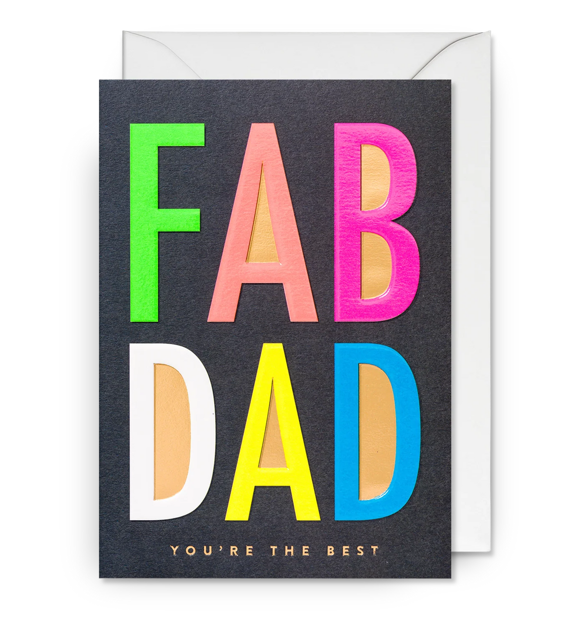 Lagom card: 'Fab Dad' in neon pink, green, yellow and orange on black, with 'You're the best'