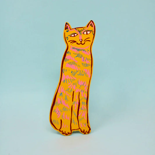 Yellow leather tabby cat bookmark
