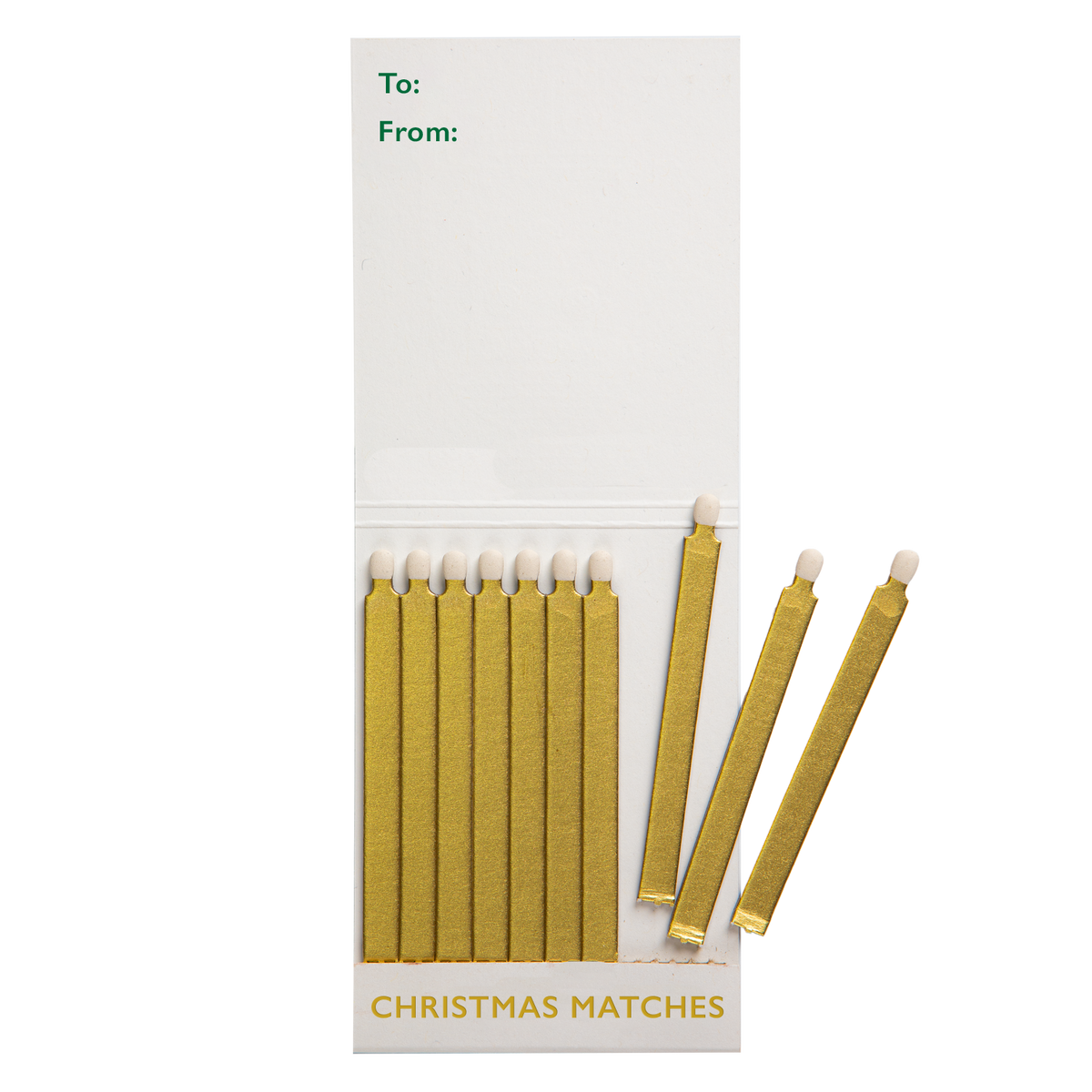 Christmas match book open with a few gold matches pulled out