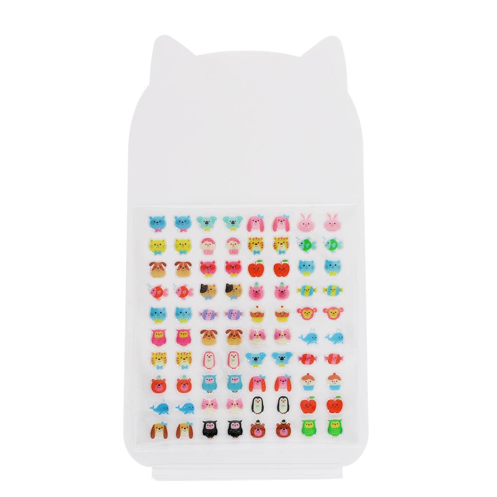 Sheet of stick-on earrings with cats, flowers and fruit