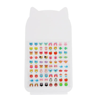 Sheet of stick-on earrings with cats, flowers and fruit