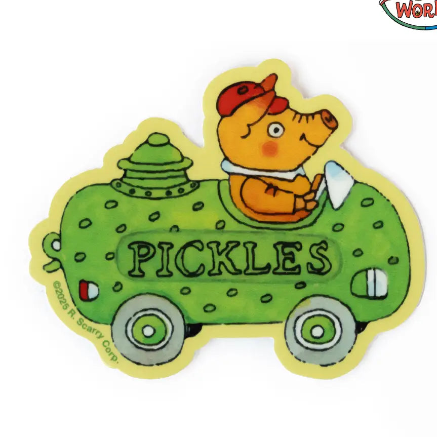 Richard Scarry Pickle Car sticker: a pig in a red cap driving the green pickle-shaped 'Pickles' car