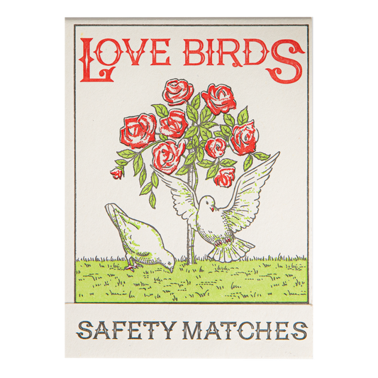 Match book cover: two doves and red roses: Love birds, safety matches
