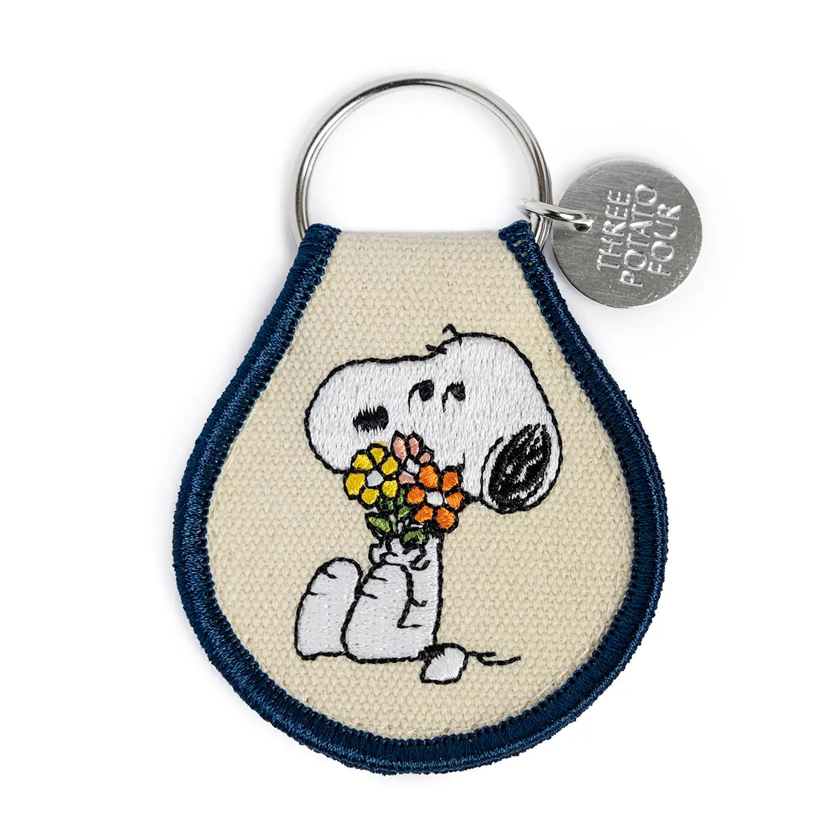 Embroidered Snoopy key ring patch: Snoopy holding a bunch of flowers