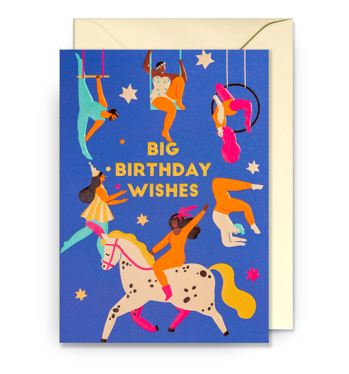 Lagom card: circus acrobats, trapeze artists and a woman on a spotted horse, with gold 'Big birthday wishes' on blue