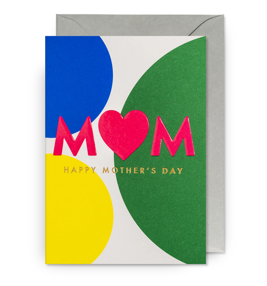 Lagom card: 'Mum' with a pink heart for the 'u', over blue, yellow and green shapes, with 'Happy Mother's Day'