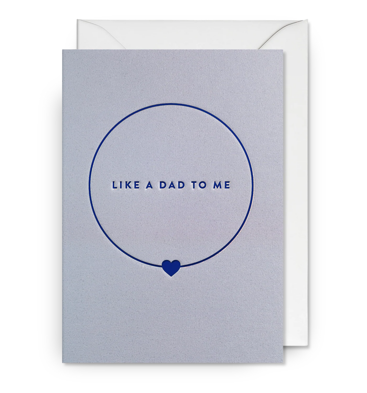 Lagom card: a navy circle with a heart and 'Like a dad to me' on grey