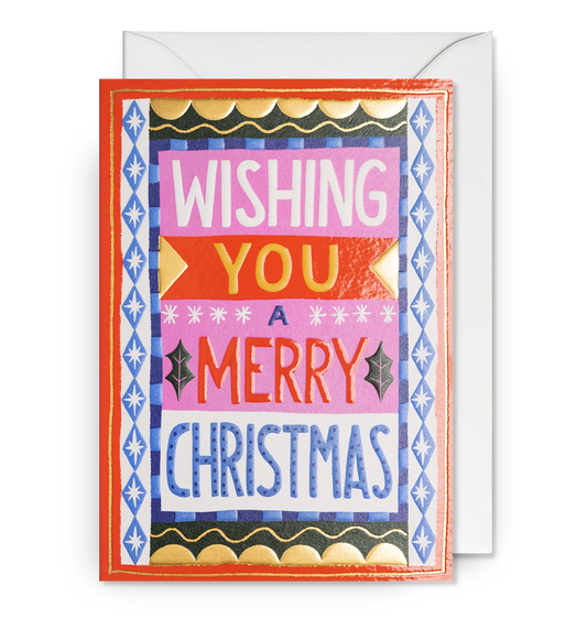 Ruby Taylor card for Lagom: 'Wishing you a merry Christmas' in bright patterned lettering