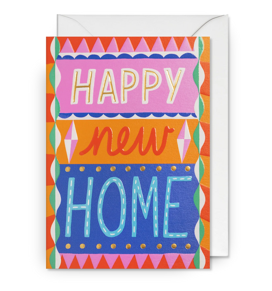 Lagom card with bold patterned lettering: 'Happy new home'