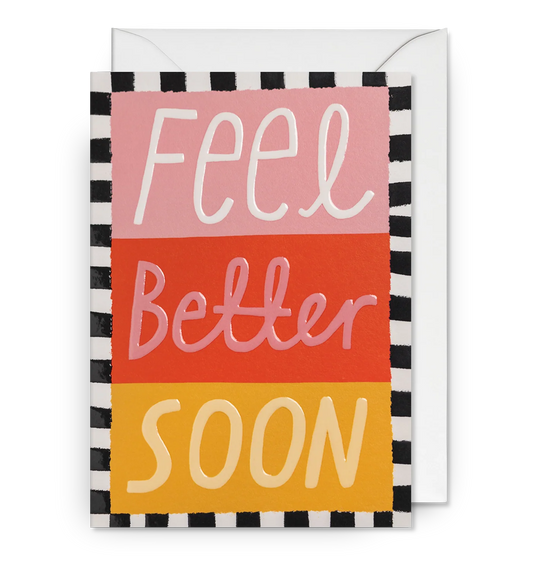 Lagom card: 'Feel better soon' in bands of pink, red and orange