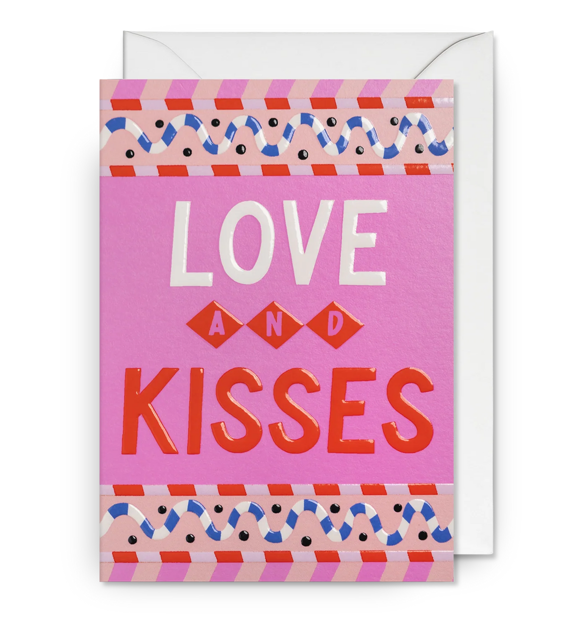 Lagom card with patterned lettering: 'Love and kisses' on pink