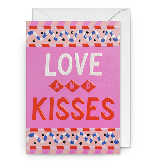 Lagom card with patterned lettering: 'Love and kisses' on pink