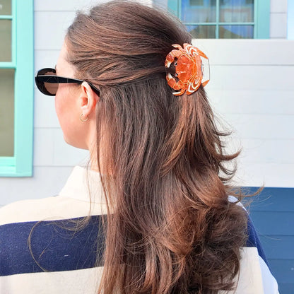 Crab claw clip in long brown hair