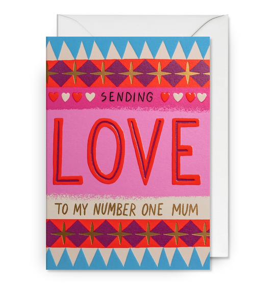 Lagom card in pink and red patterned bands: 'Sending love to my number one mum'
