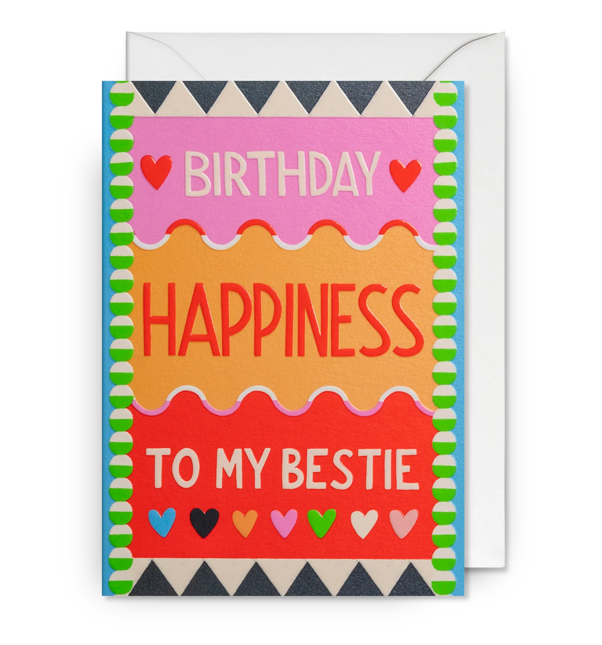 Lagom card in bold pink, orange and red patterned bands: 'Birthday happiness to my bestie'