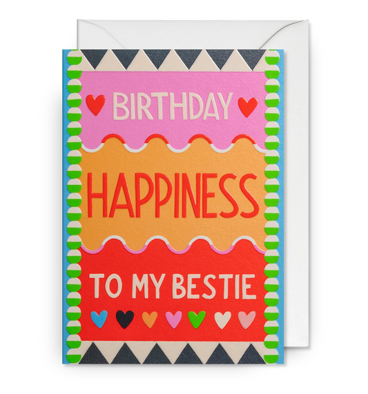 Lagom card in bold pink, orange and red patterned bands: 'Birthday happiness to my bestie'