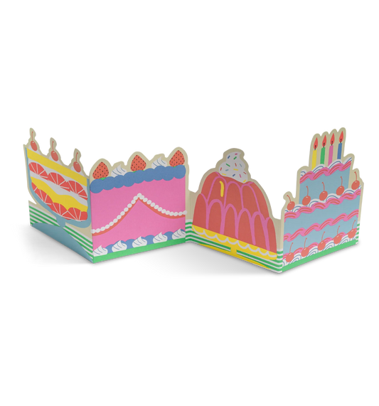 Lagom concertina card opened out into a row of colourful birthday cakes