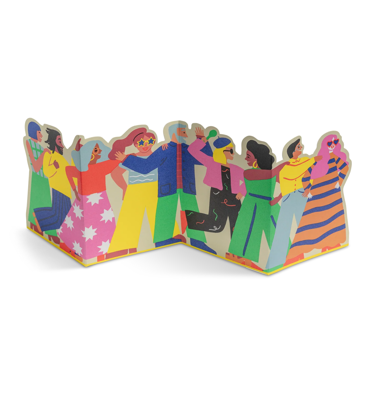Lagom concertina card opened out into a conga line of dancing people