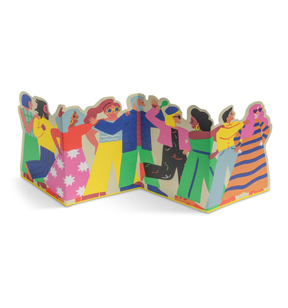 Lagom concertina card opened out into a conga line of dancing people