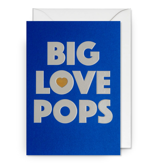 Lagom card: 'Big love pops' in white on blue with a gold heart