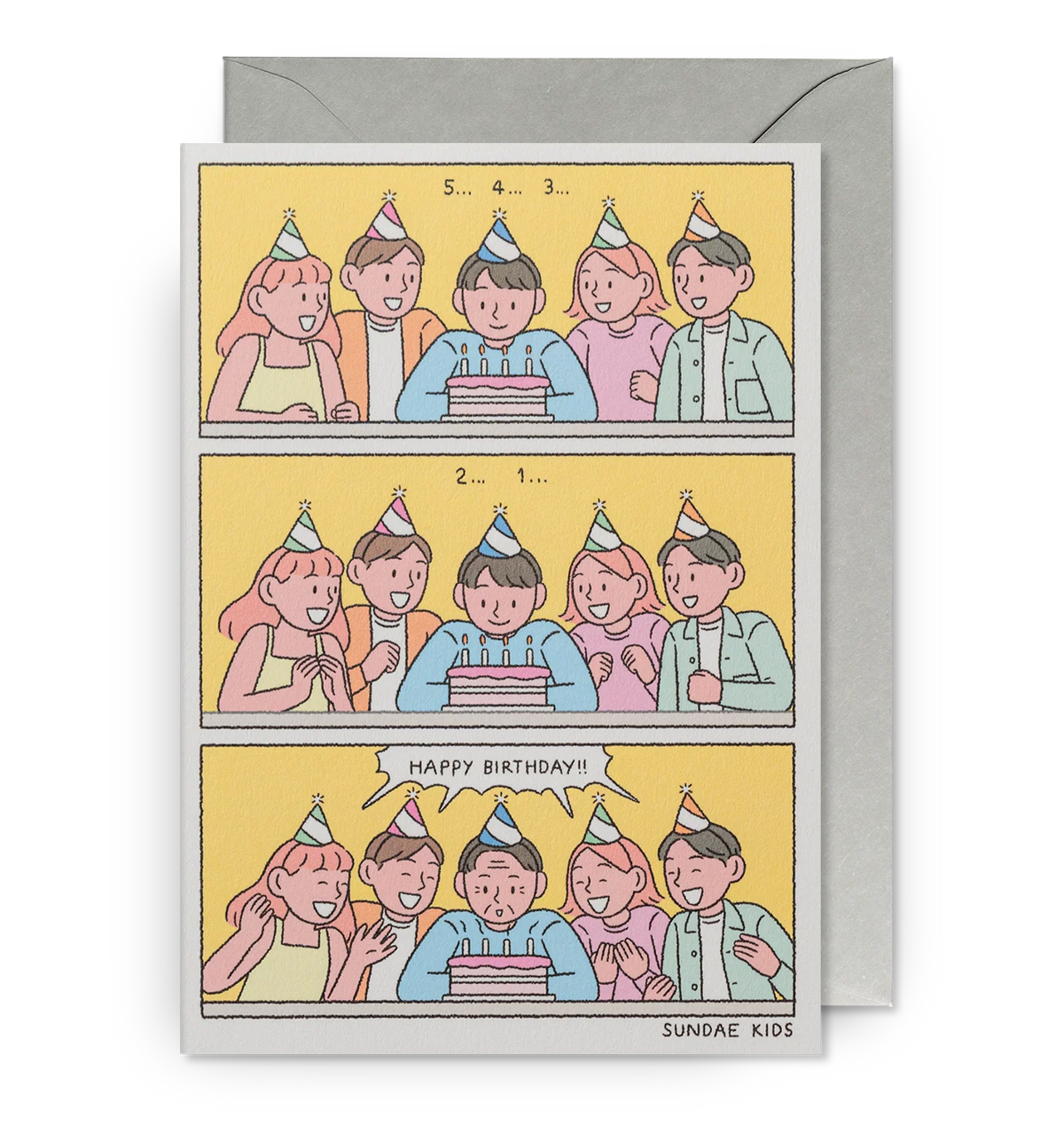 Sundae Kids card: a comic strip of friends in party hats counting down and singing 'Happy birthday' over a cake