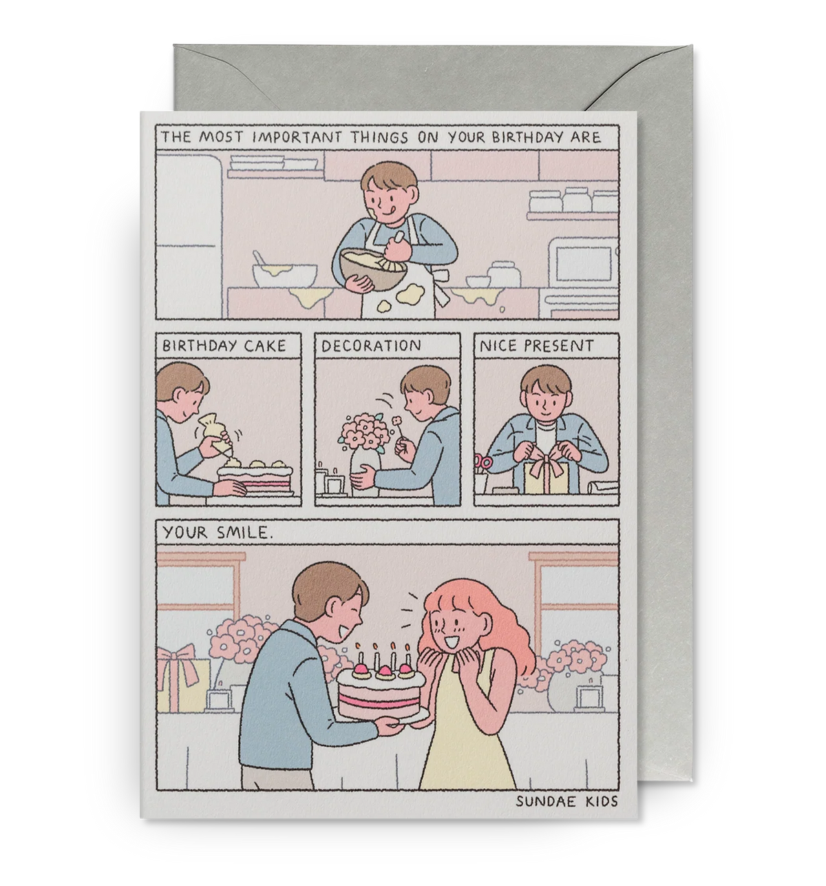 Sundae Kids card: comic panels listing 'The most important things on your birthday are… birthday cake, decoration, nice present… your smile'