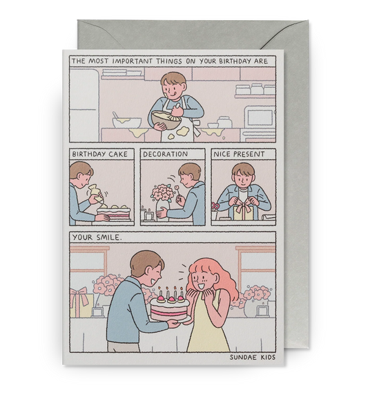 Sundae Kids card: comic panels listing 'The most important things on your birthday are… birthday cake, decoration, nice present… your smile'