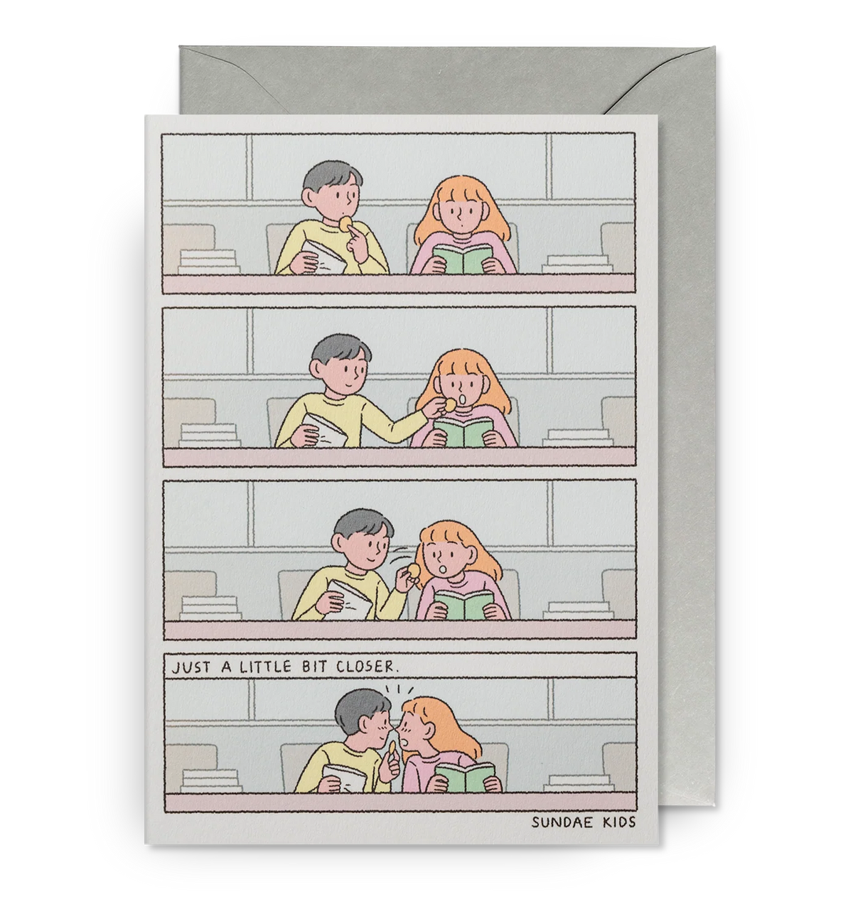 Sundae Kids card: a comic strip of a couple on a train moving closer, with 'Just a little bit closer'
