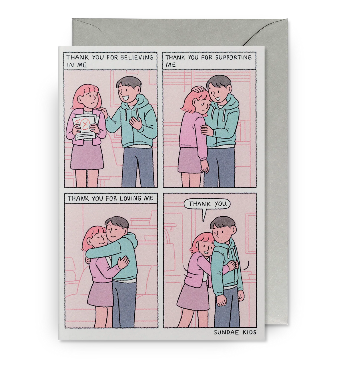 Sundae Kids card: a four-panel comic of a couple; 'Thank you for believing in me', 'Thank you for supporting me', 'Thank you for loving me'