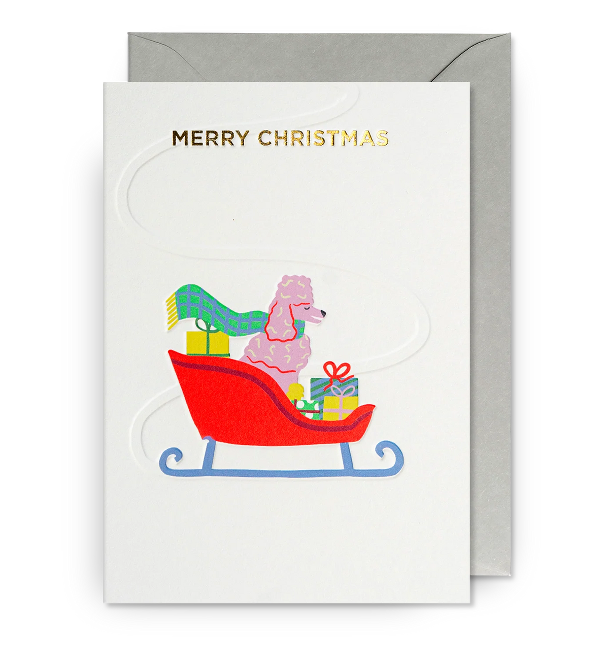 Lagom card: a pink poodle in a red sleigh with presents, with gold 'Merry Christmas'