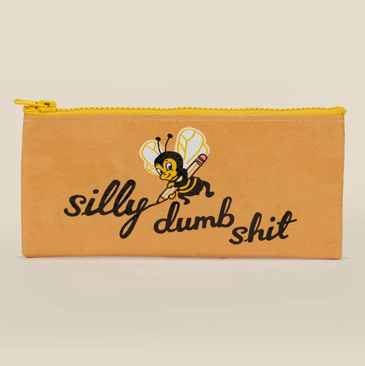 Blue Q pencil case: a bee with a pencil, with 'Silly dumb shit' on tan