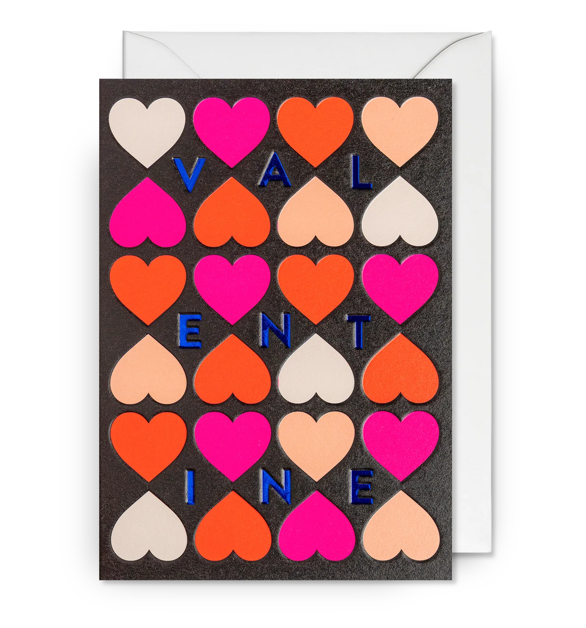 Lagom card: a grid of hearts in pink, orange and cream spelling 'Valentine'