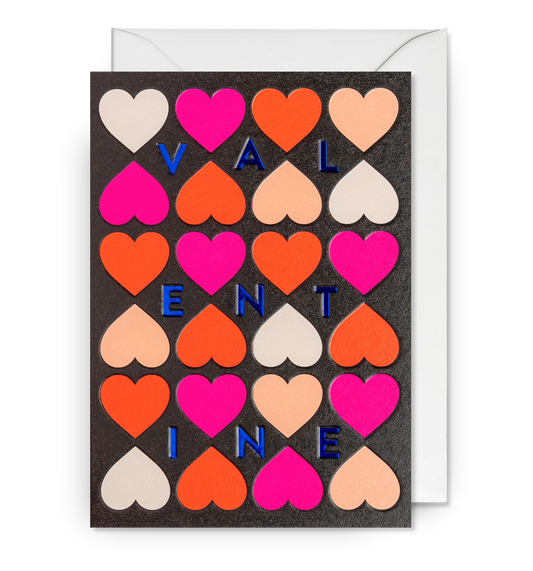 Lagom card: a grid of hearts in pink, orange and cream spelling 'Valentine'
